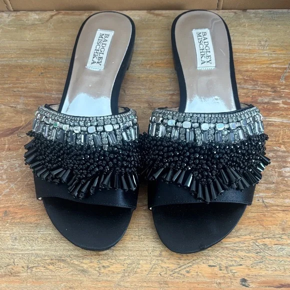 Badgley Mischka Black Embellished Beaded Slide Sandals Flats Silver Crystals 8 - Picture 1 of 5